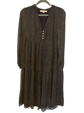 LOFT Black gold Long-Sleeve Tiered Midi Dress with Button Placket Size XS